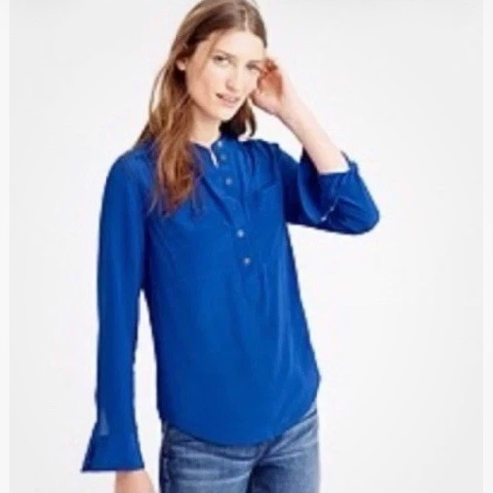 J Crew Shirt Women 6 Blue 100% Silk Henley Blouse Work Office Capsule Minimalist